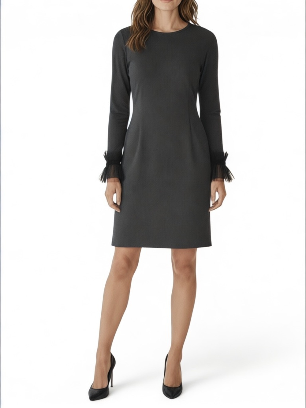 J. Crew Ponte Sheath Dress Tulle & Velvet Trim Cuffs Long Sleeve Gray Size S